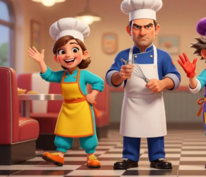Lineup of Dream Diner Story chef characters in a pastel diner, each with distinct outfits and personalities.