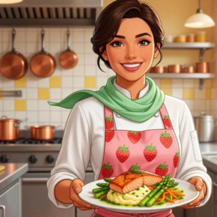 Chef Mia from Dream Diner Story smiling confidently in front of a busy restaurant kitchen