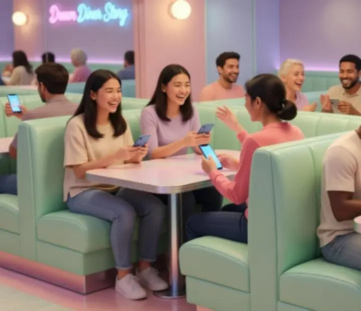 Players gathering in a pastel Dream Diner Story diner, sharing moments on their phones