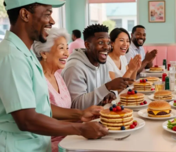 Excited customers reacting to a beautifully served meal inside a cozy pastel diner environment.