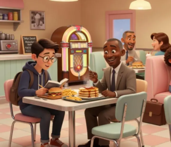 Group of diverse Dream Diner Story customers including students, office workers, and quirky locals enjoying food in the diner