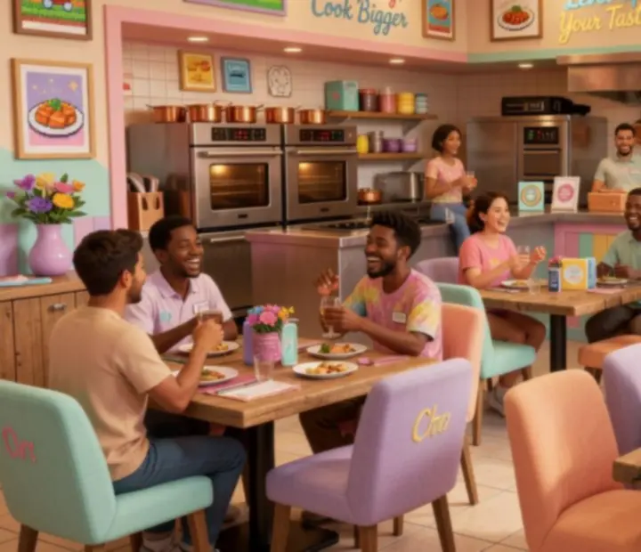 Collage of decorated diner interiors from Dream Diner Story, featuring cozy booths, pastel counters, and upgraded kitchen stations.