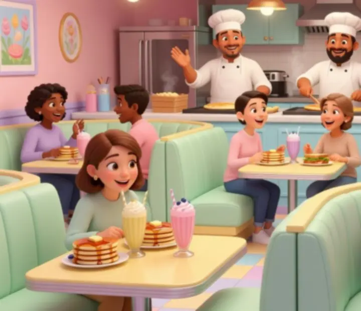 Cozy pastel Dream Diner Story restaurant interior with open kitchen and smiling guests