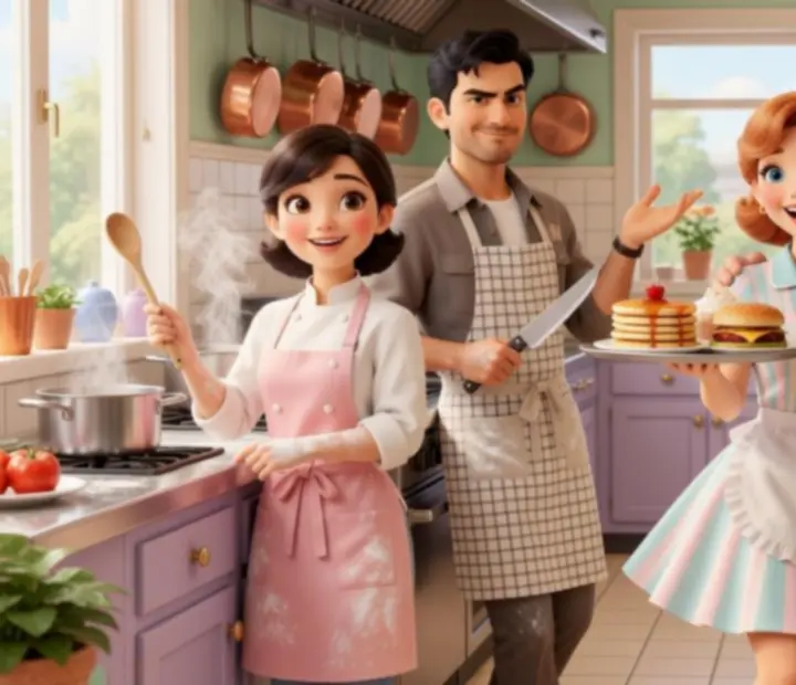 Main Dream Diner Story cast posing inside a bright pastel diner kitchen with customers in the background