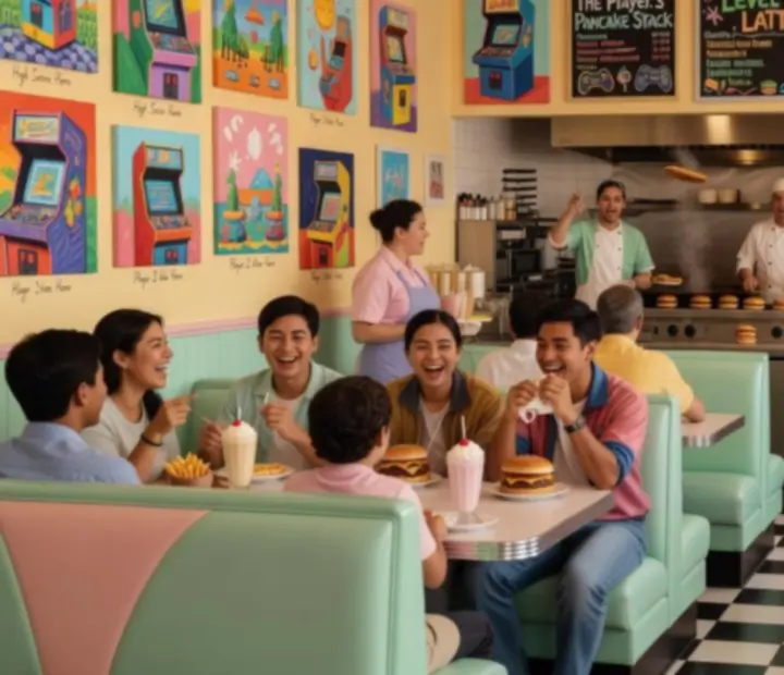 Busy Dream Diner Story restaurant interior with customers at pastel booths and an active kitchen line.