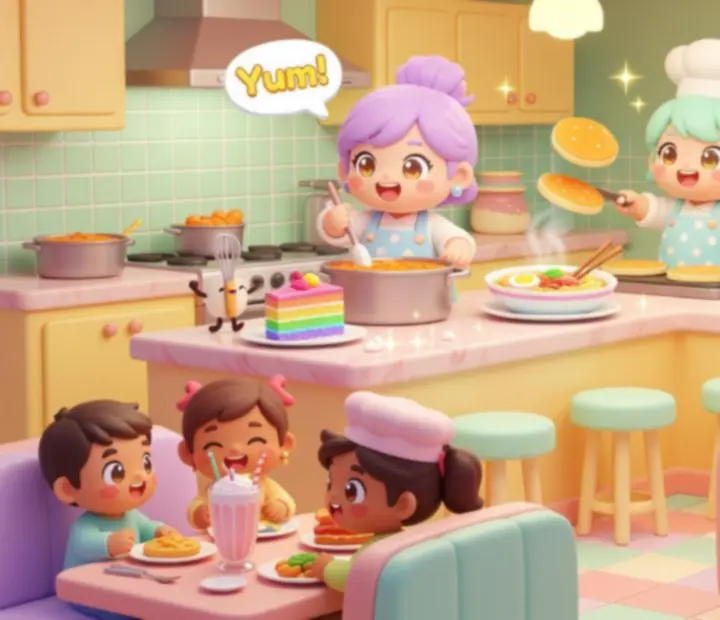 Colorful 3D diner kitchen from Dream Diner Story: Restaurant showing chefs plating gourmet dishes for smiling guests.