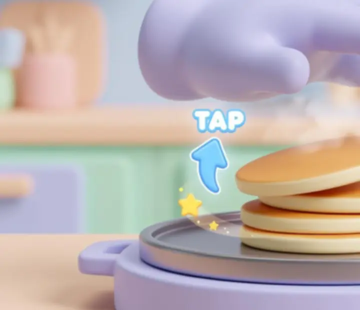 Mobile cooking mini-game interface with tap, swipe, and hold prompts