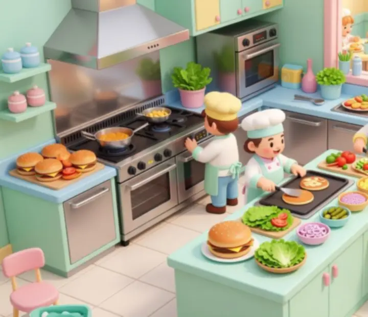 Pastel Dream Diner Story kitchen with colorful dishes, busy chefs, and smiling guests