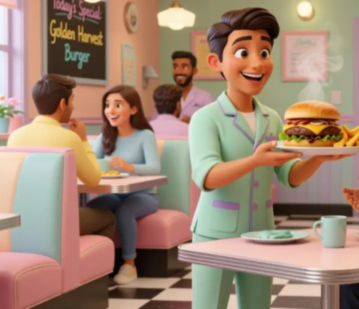 VIP customer reacting with delight inside a stylish Dream Diner Story restaurant.