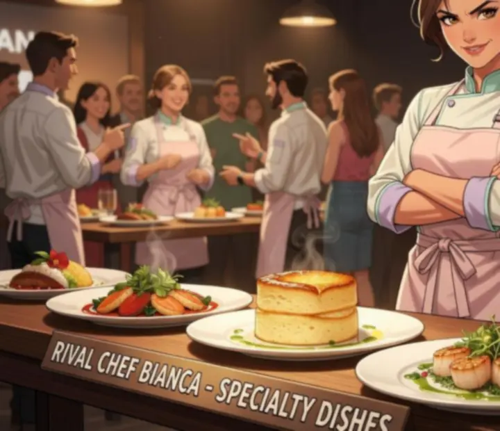 Rival Chef Bianca from Dream Diner Story posing confidently with folded arms in a stylish chef uniform